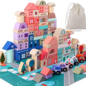 Wooden Building Blocks Set, City Construction Stacker Stacking Preschool Learning Educational Toys, Toddler Toys for 3+ Year Old Boy and Girl Gifts