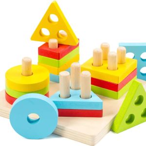 Wooden Montessori Sorting & Stacking Toys for Toddlers 1 2 3 Year Old, Educational Shape Color Recognition Puzzle Stacker, Development & Learning Toys Boys Girls