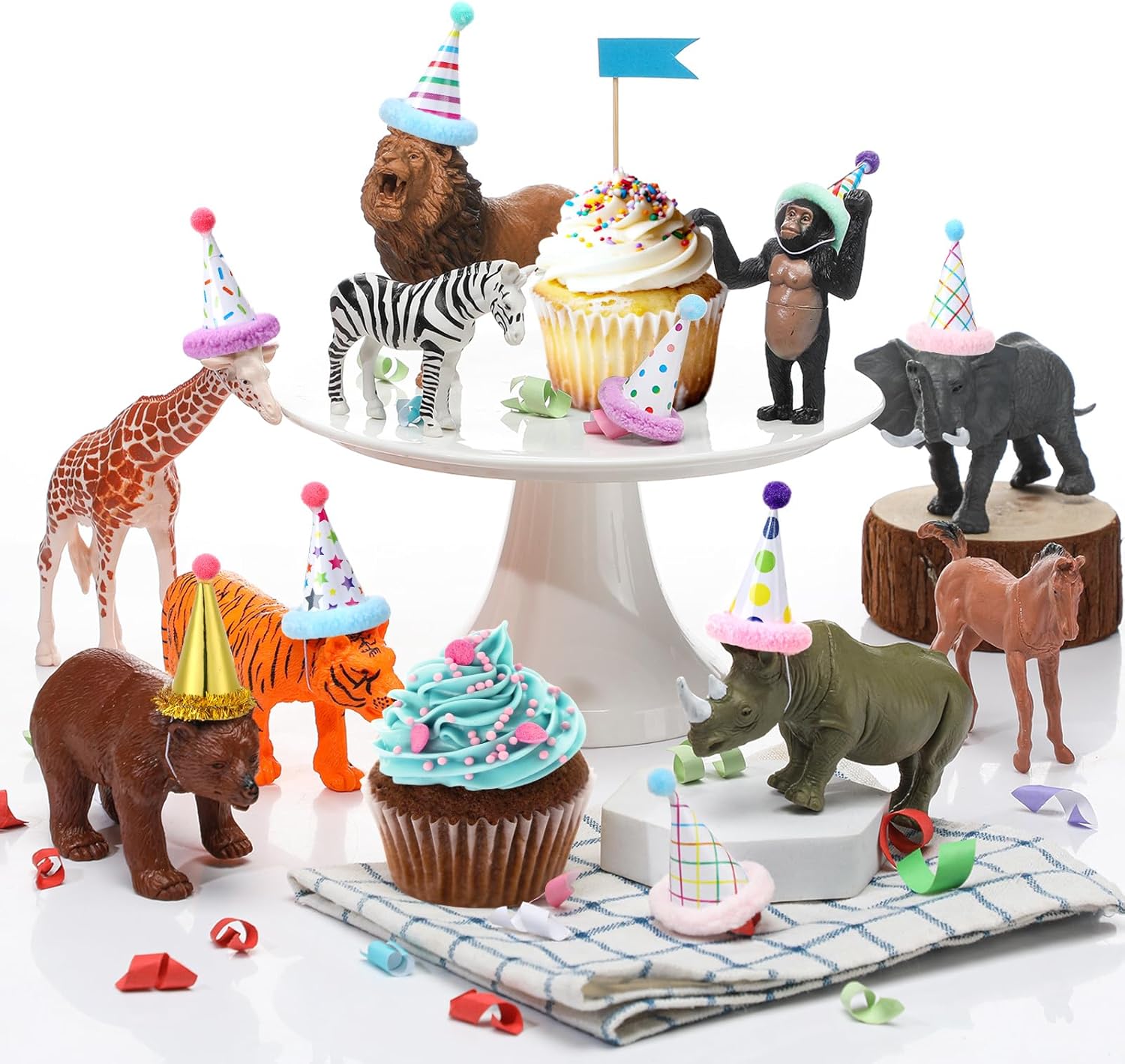 18 Pcs Jungle Animal Birthday Party Decorations Mini Birthday Hat Animal Figure Model Cake Toppers with Mini Hat for Birthday Party, Wild Animals Themed Party