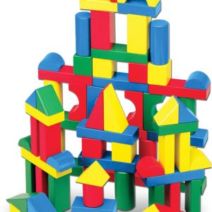 Wooden Building Blocks Set - 100 Blocks in 4 Colors and 9 Shapes Classic Kids Toys, Colored Wood For Toddlers Ages 2+ - -Certified