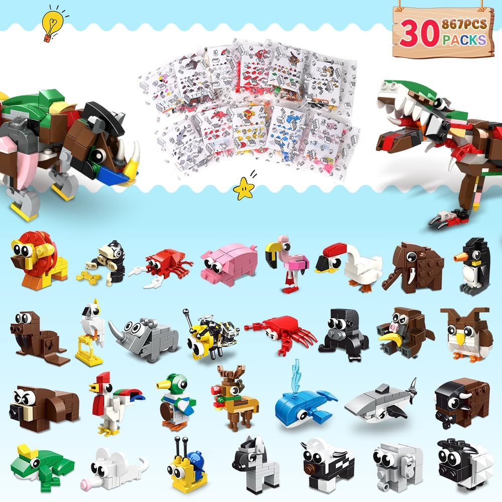 30 Packs Party Favors for Kids - 867PCS Animals Building Blocks Sets for Classroom Prizes Goodie Bag Fillers Stocking Birthday Valentines Easter Gifts for Kids Boys Girls 6+ - Image 2