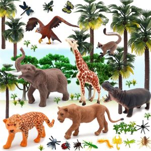 49Pcs Rainforest Animals Figures, Model Scenery Kit, Jungle Animals Figures, Model Trees for Pinata Fillers, Boys Girls Educational Toys, Party Favors