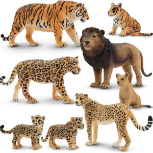 8PCS 2-5" Plastic Jungle Animals Figures Playset Includes Baby Animals, Realistic Lion, Tiger, Cheetah, Leopard Figurines with Cubs, Cake Toppers Christmas Birthday Toy Gift for Kids Toddlers