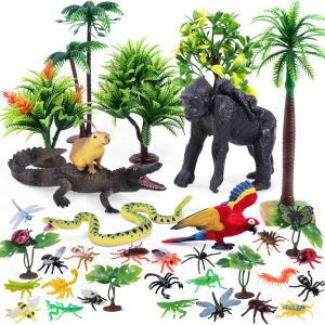 39Pcs Rainforest Animal Figurines Set Model Tress Kit Rainforest Diorama Project with Gorilla Parrot Crocodile Capybara Anaconda Snake Insects Playset for Kids Birthday Cake Toppers Party Décor