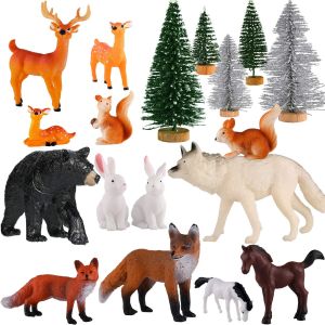 18 Piece Wild Forest Animals Figures Toys Set Assorted Creatures Forest Diorama Realistic Plastic Woodland Animals Figurines Model Trees for Birthday Party Favors for Boys and Girls