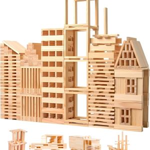 Wooden Building Blocks Set - 200-Piece Plank Block Construction Toys,  Educational Wood Toy for Kids and Toddlers