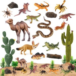 32Pcs Desert Animal Figurines Set Model Trees Cactus Kit Desert Diorama Project with Camel Fennec Fox Rattlesnake Scorpion Lizard Reptile Toy Playset for Kids Birthday Cake Toppers Party Décor