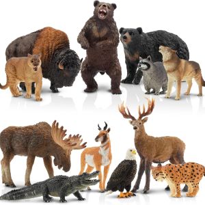 12PCS North American Forest Animal Figurines, Realistic Jungle Animal Set Includes Raccoon,Lynx,Wolf,Bear,Eagle, Educational Toy Cake Toppers Christmas Birthday Gift for Kids Toddlers